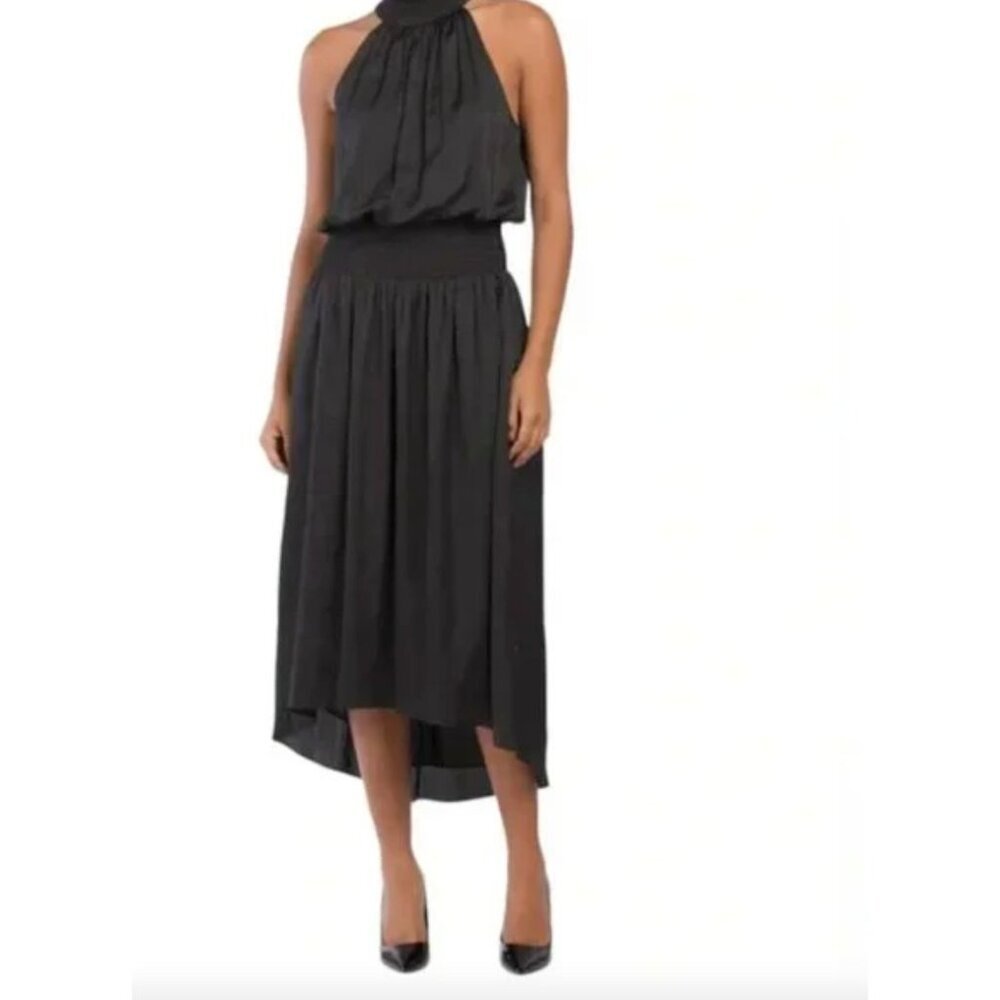 Ramy Brook chic elegant Dress Smocked Waist Belle Dress Black Satin L New $445